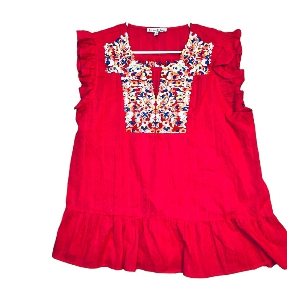 2/$30 See And Be Seen - Pink Embroidered Ruffle Sleeve Boho Blouse Size L